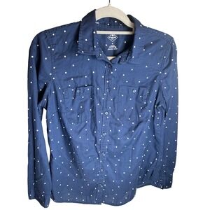 St Johns Bay Womens Navy Blue White Polka Dot Button Down Shirt Size Medium